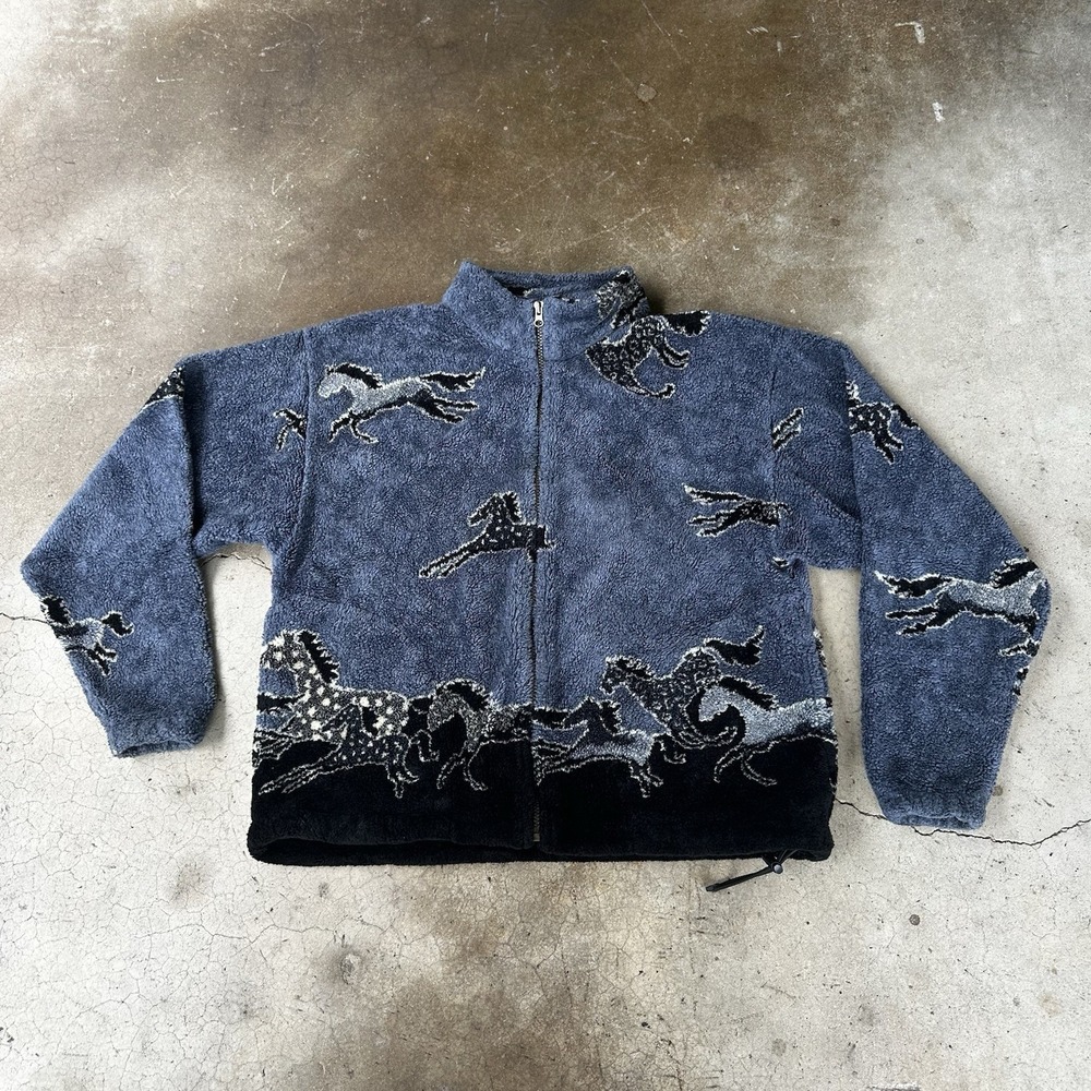 Vintage Outback Horse Jacket Mens Medium Blue Sherpa Fullzip Western Fleece 90s
